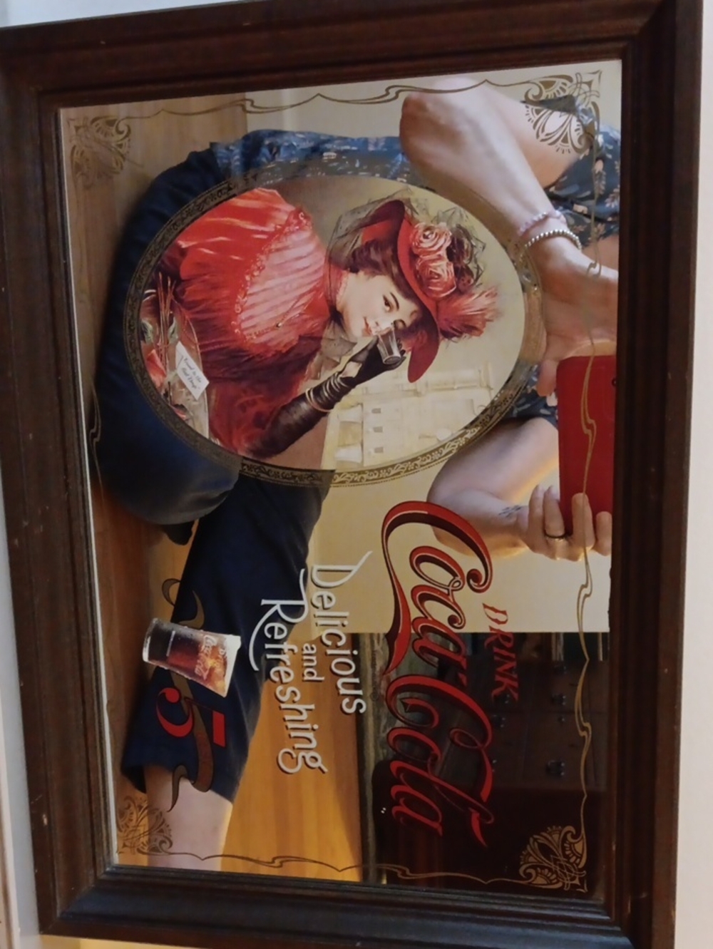 Coca-Cola Framed Advertising Mirror with Red and Gold Artwork